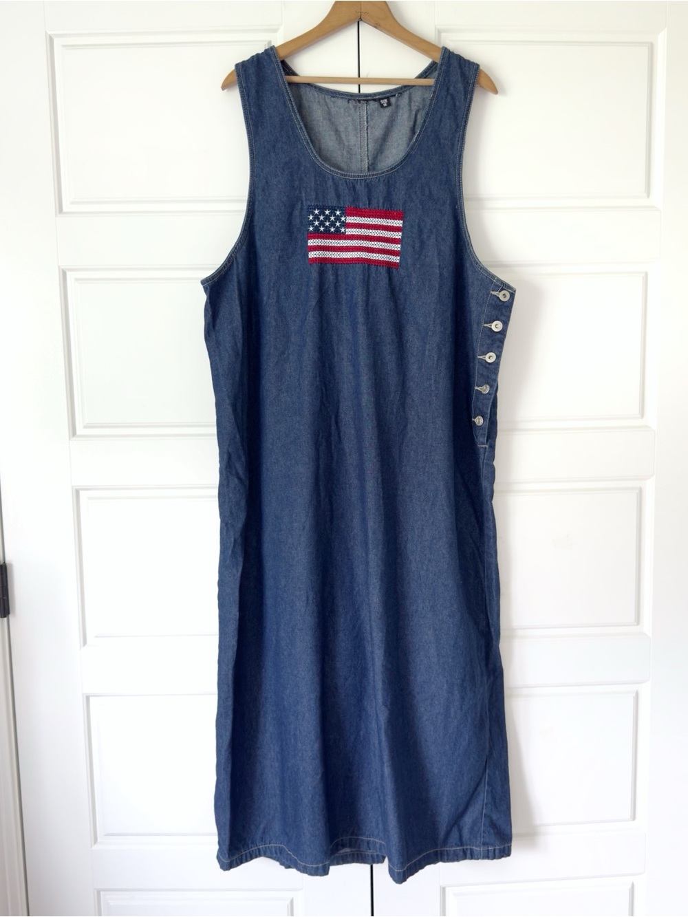 Vintage Y2K American Flag Denim Midi Dress Womens 1X Blue Embroidered 90s Jumper